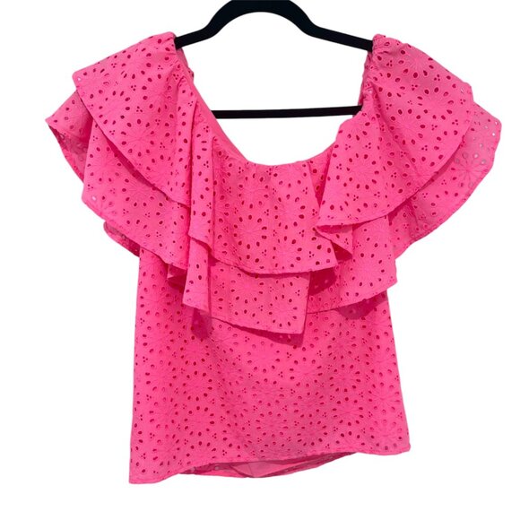 Lilly Pulitzer Trixie One-Shoulder Top Raz Berry Neon Sunburst Eyelet Pink S - Picture 4 of 7